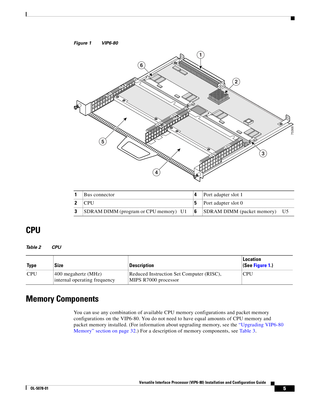 Cisco Systems (VIP6-80) manual Cpu, Memory Components 