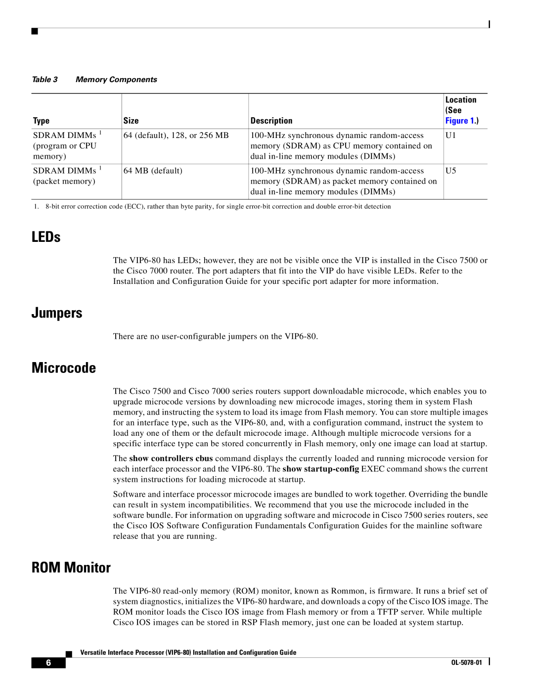 Cisco Systems (VIP6-80) manual LEDs, Jumpers, Microcode, ROM Monitor 