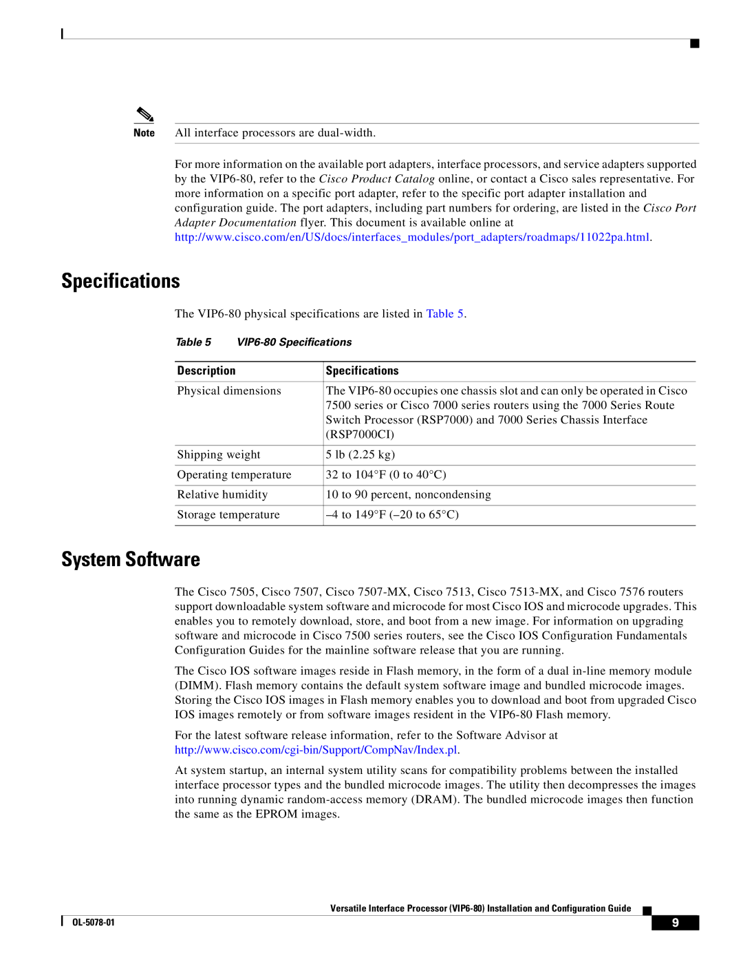 Cisco Systems (VIP6-80) manual Specifications, System Software 