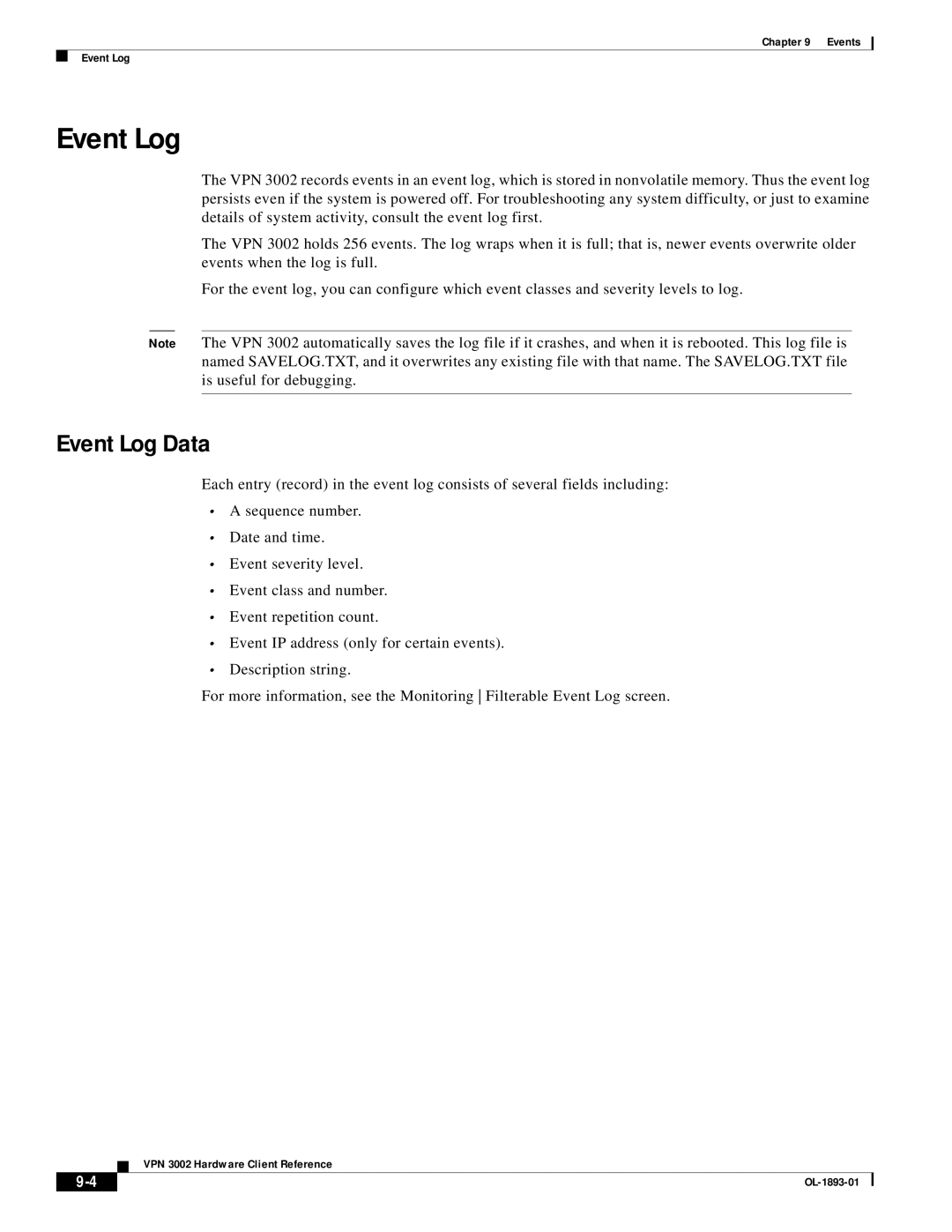 Cisco Systems VPN 3002 manual Event Log Data 