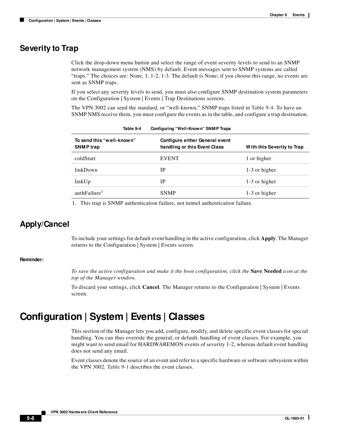 Cisco Systems VPN 3002 manual Configuration System Events Classes, Severity to Trap 