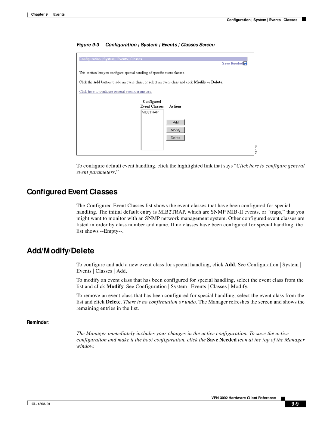 Cisco Systems VPN 3002 manual Configured Event Classes, Configuration System Events Classes Screen 