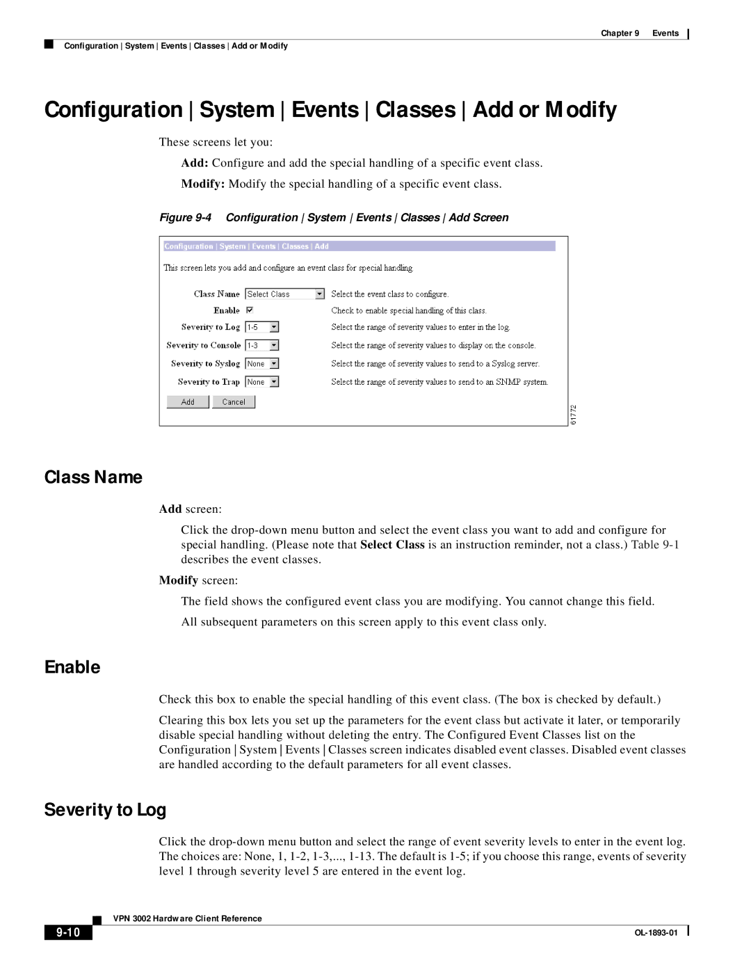 Cisco Systems VPN 3002 manual Configuration System Events Classes Add or Modify, Class Name, Enable, Modify screen 