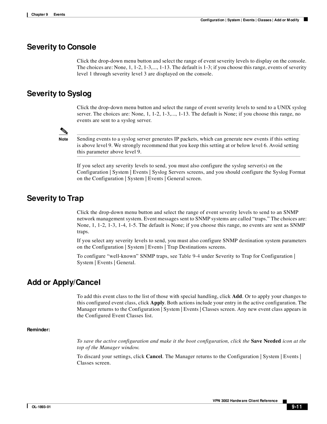 Cisco Systems VPN 3002 manual Severity to Console, Add or Apply/Cancel 