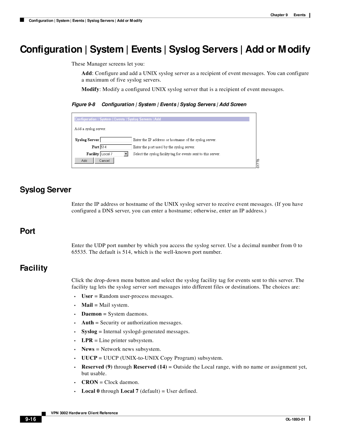 Cisco Systems VPN 3002 manual Syslog Server, Facility 