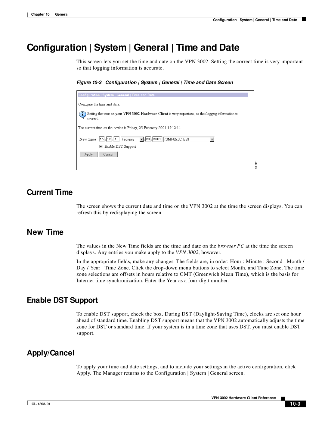 Cisco Systems VPN 3002 manual Configuration System General Time and Date, Current Time, New Time, Enable DST Support, 10-3 