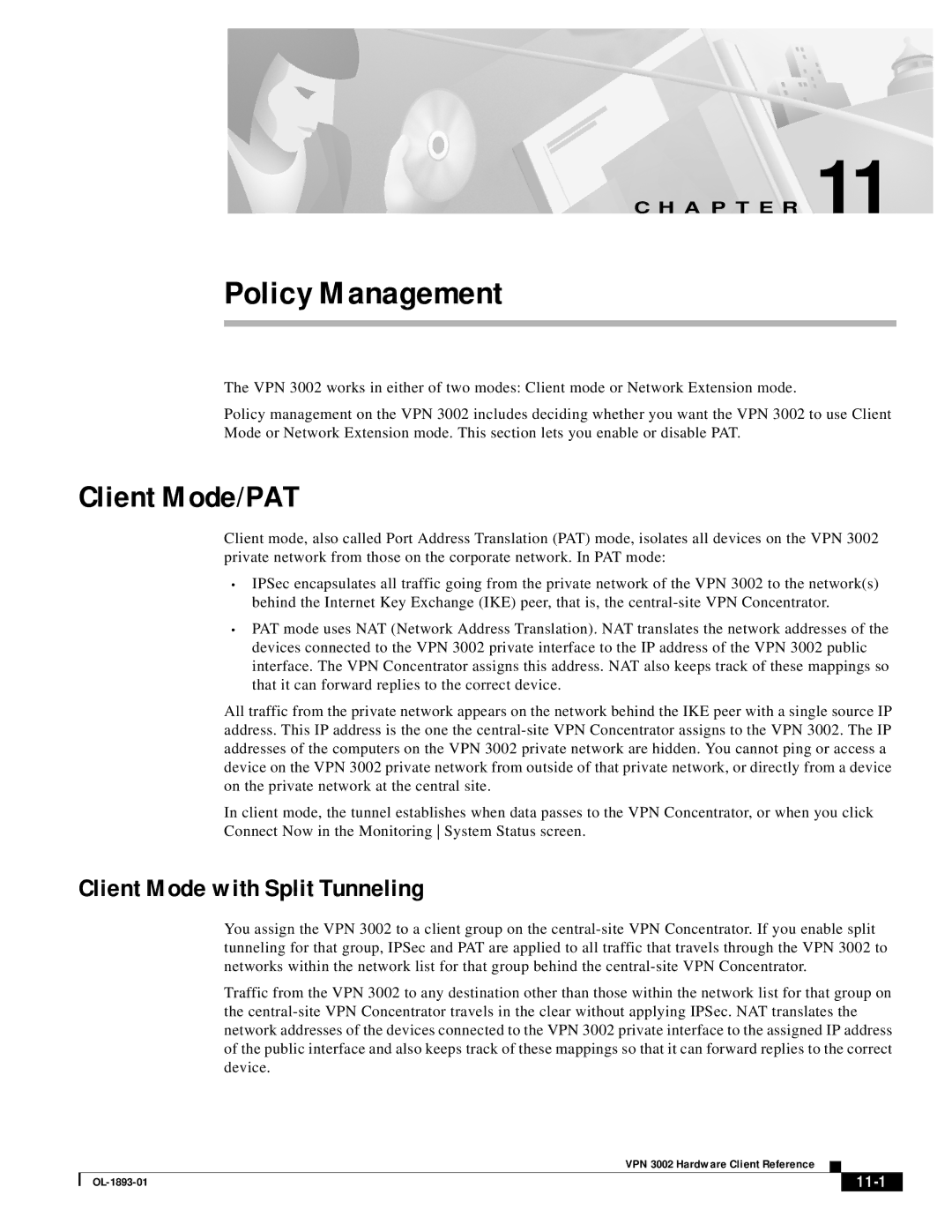 Cisco Systems VPN 3002 manual Client Mode/PAT, Client Mode with Split Tunneling, 11-1 