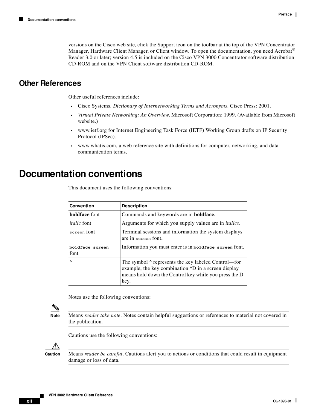 Cisco Systems VPN 3002 manual Documentation conventions, Other References, Boldface font, Xii 