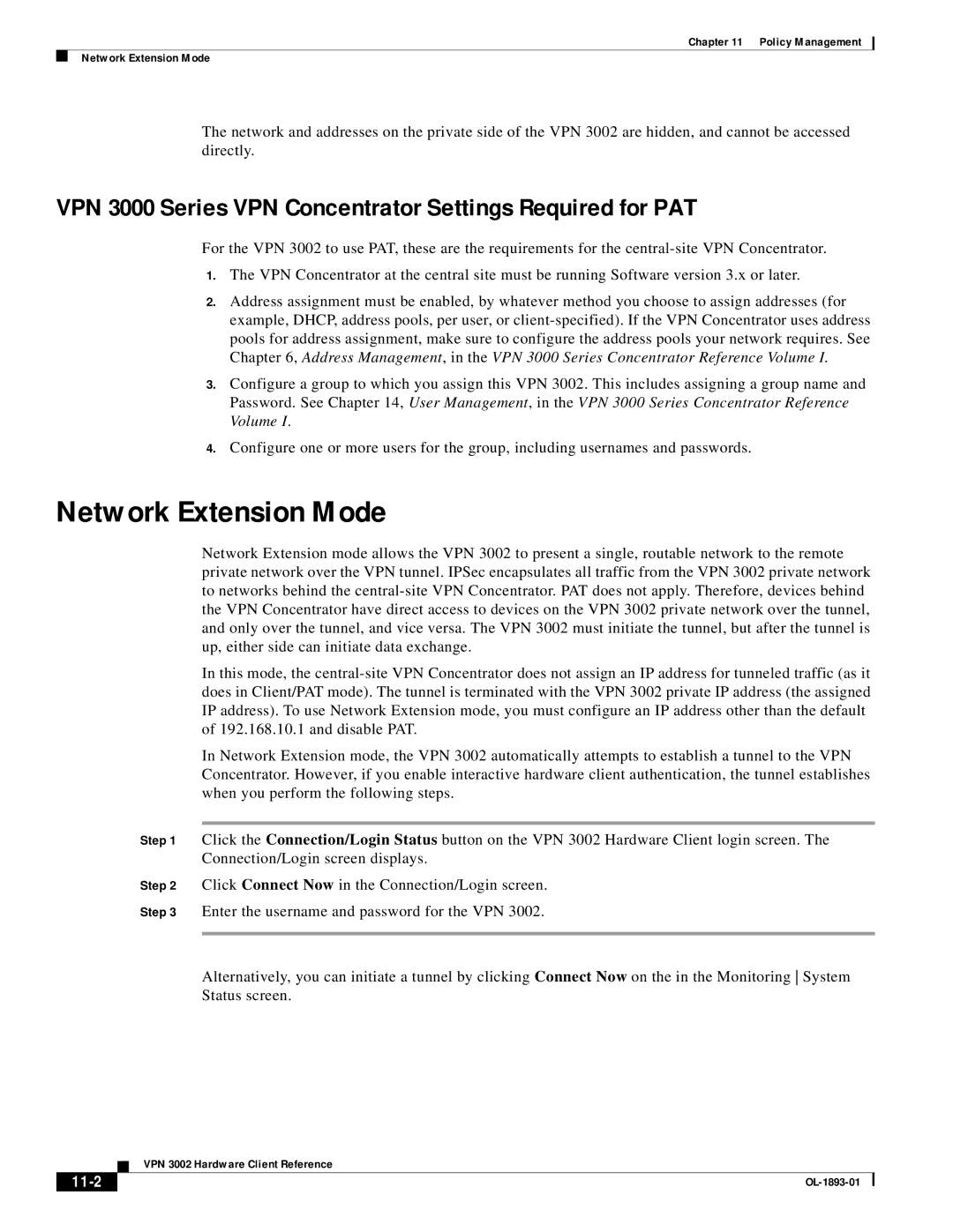 Cisco Systems VPN 3002 manual Network Extension Mode, VPN 3000 Series VPN Concentrator Settings Required for PAT, 11-2 