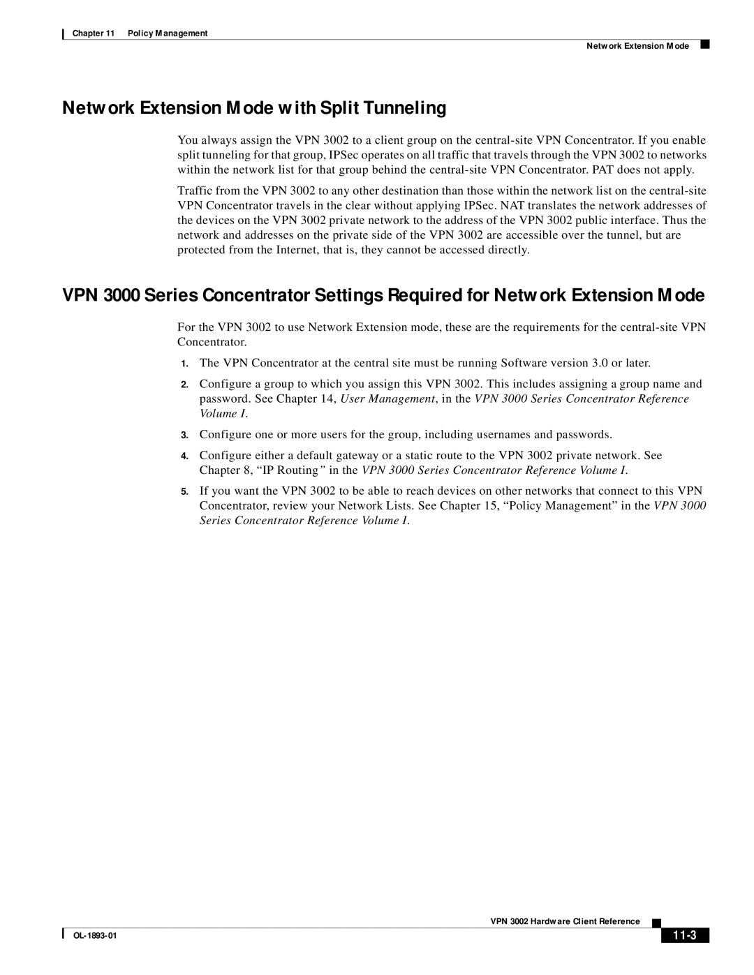 Cisco Systems VPN 3002 manual Network Extension Mode with Split Tunneling, 11-3 