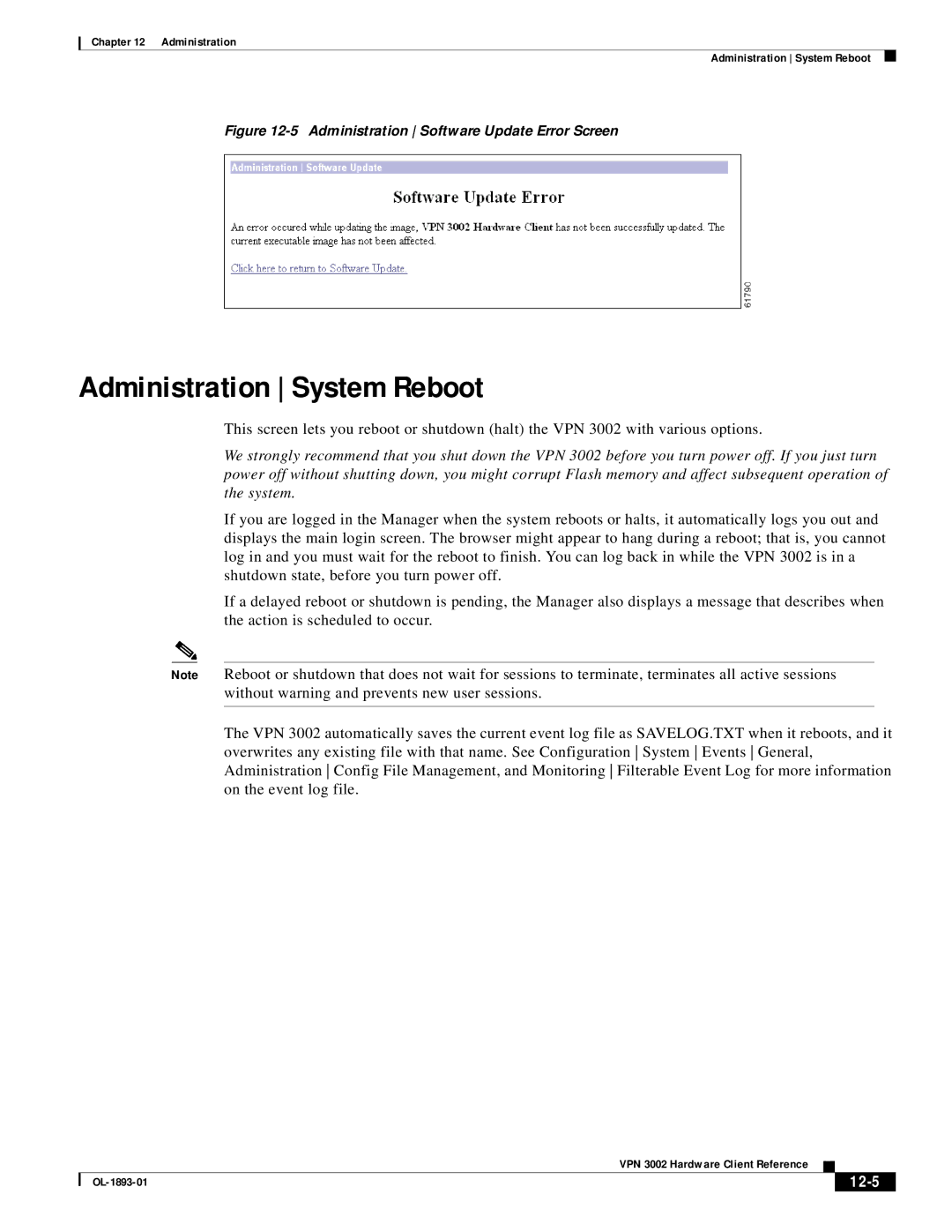 Cisco Systems VPN 3002 manual Administration System Reboot, 12-5 