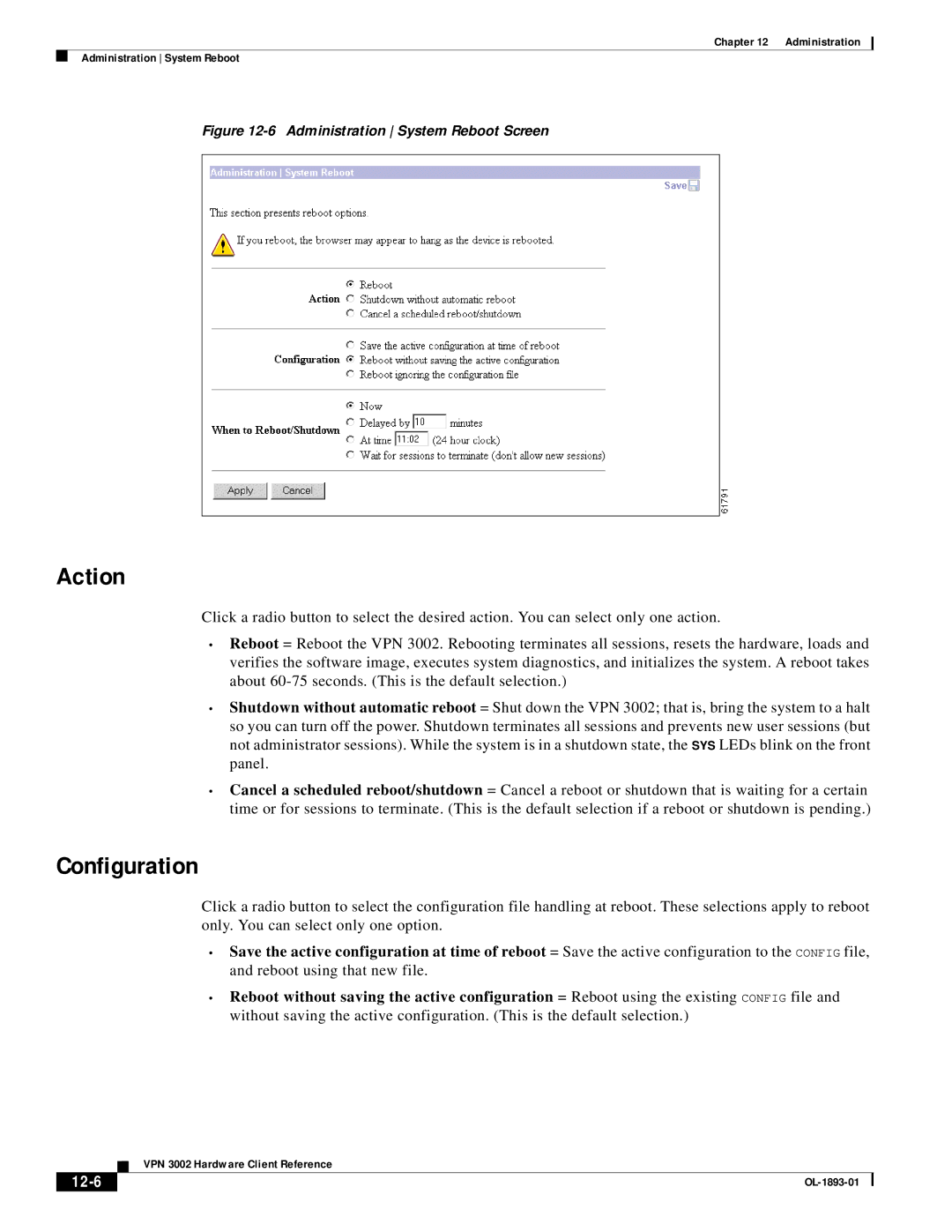 Cisco Systems VPN 3002 manual Action, Configuration, 12-6 