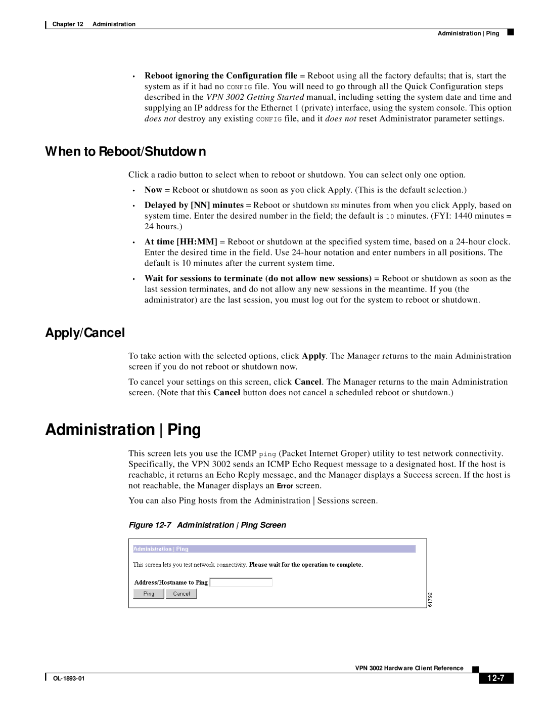 Cisco Systems VPN 3002 manual Administration Ping, When to Reboot/Shutdown, 12-7 