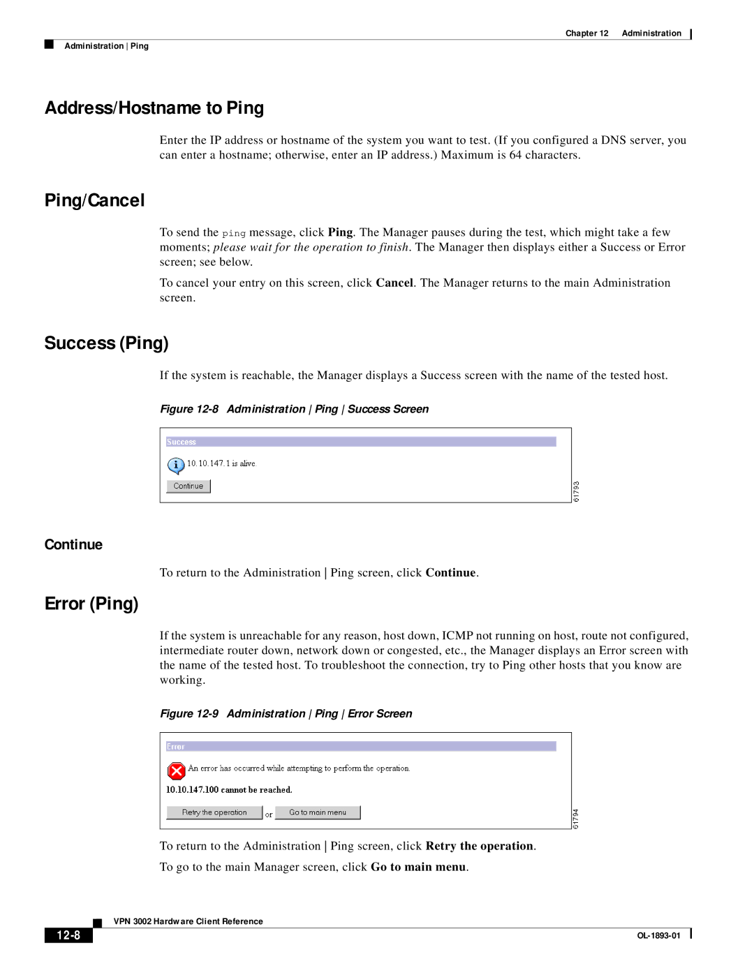 Cisco Systems VPN 3002 manual Address/Hostname to Ping, Ping/Cancel, Success Ping, Error Ping, Continue 