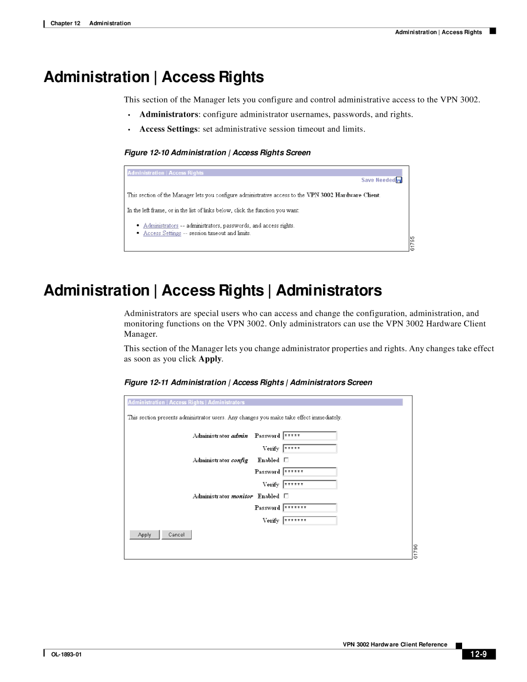 Cisco Systems VPN 3002 manual Administration Access Rights Administrators, 12-9 