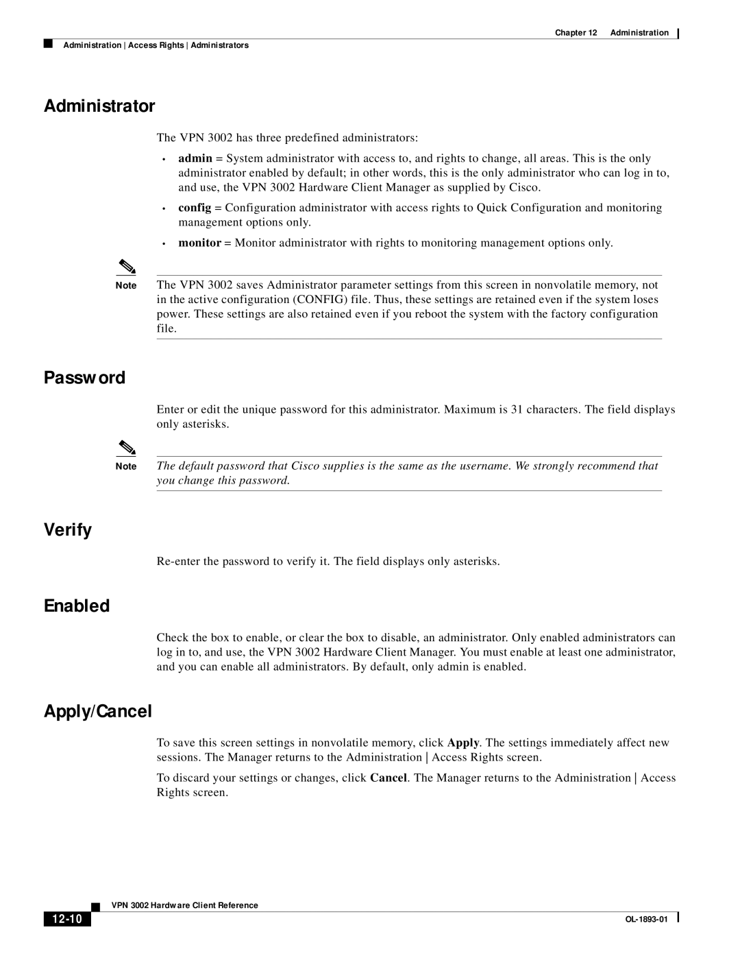 Cisco Systems VPN 3002 manual Administrator, Password, Verify, 12-10 