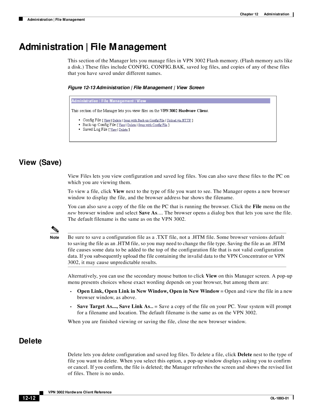 Cisco Systems VPN 3002 manual Administration File Management, View Save, Delete, 12-12 