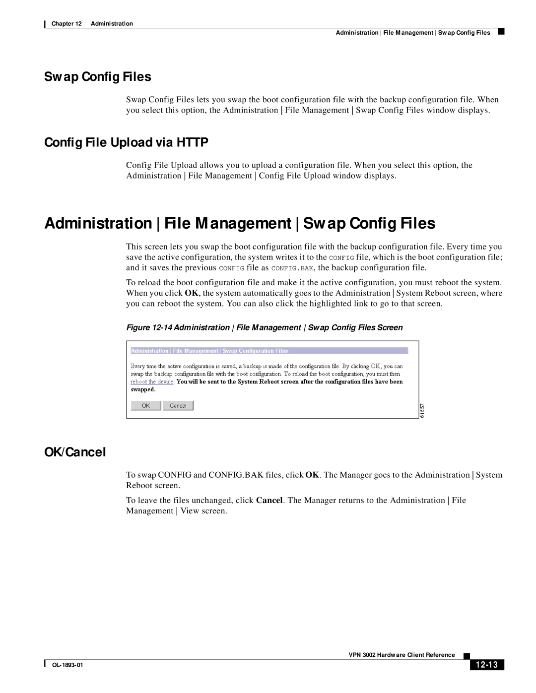 Cisco Systems VPN 3002 Administration File Management Swap Config Files, Config File Upload via Http, OK/Cancel, 12-13 