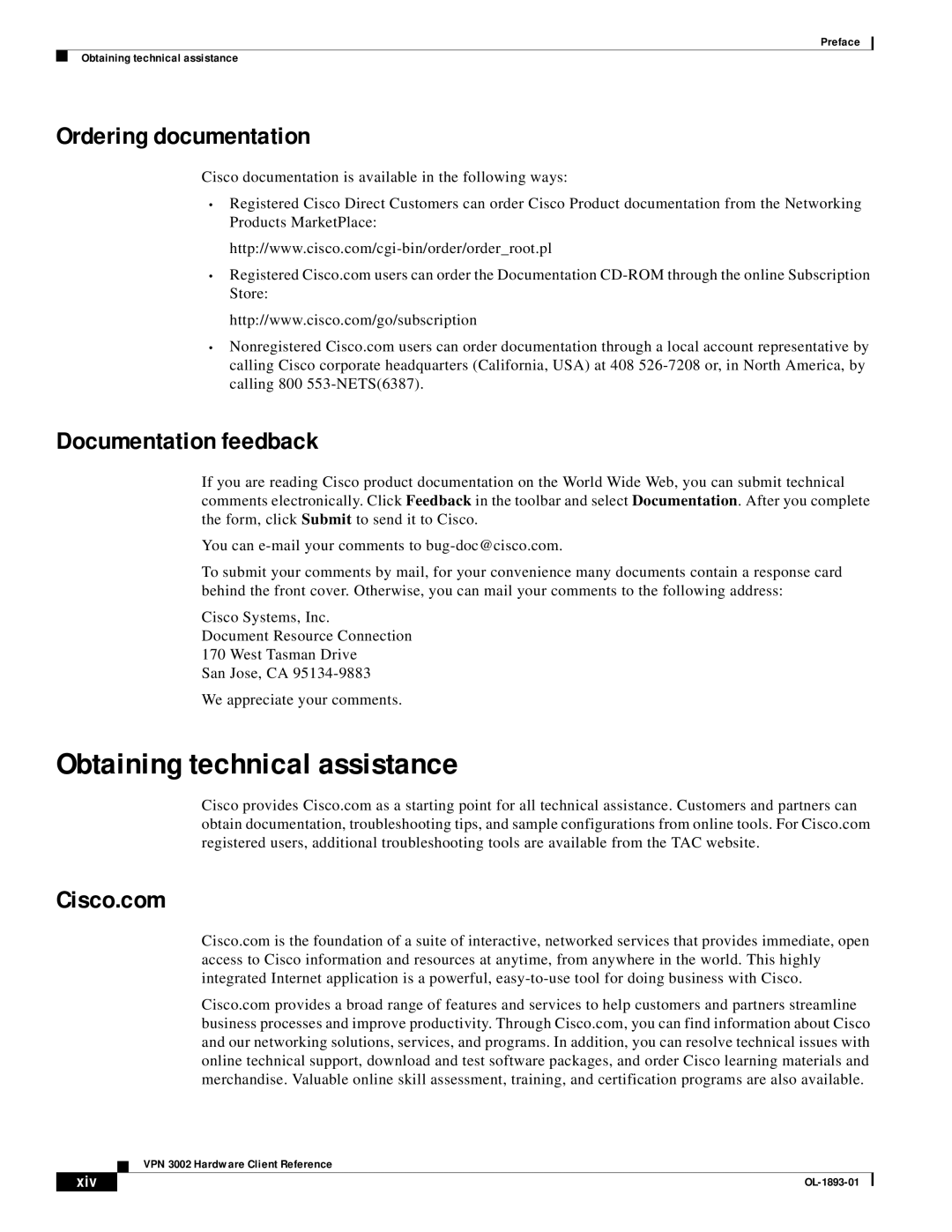 Cisco Systems VPN 3002 Obtaining technical assistance, Ordering documentation, Documentation feedback, Cisco.com, Xiv 