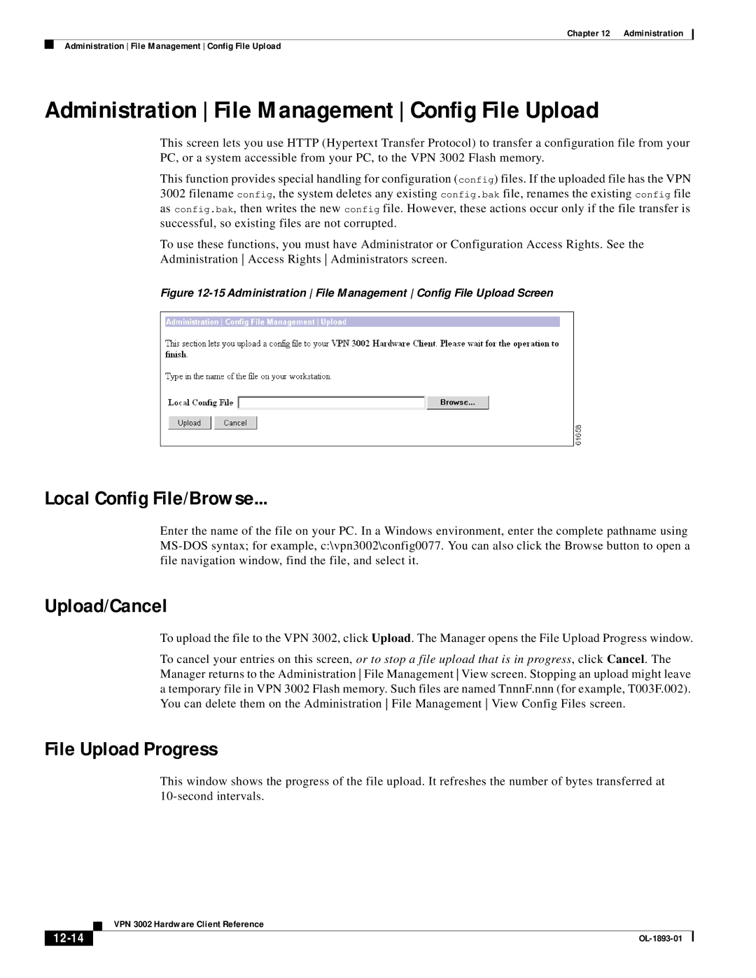 Cisco Systems VPN 3002 Administration File Management Config File Upload, Local Config File/Browse, File Upload Progress 