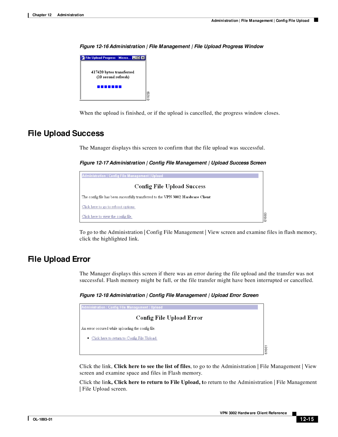 Cisco Systems VPN 3002 manual File Upload Success, File Upload Error, 12-15 