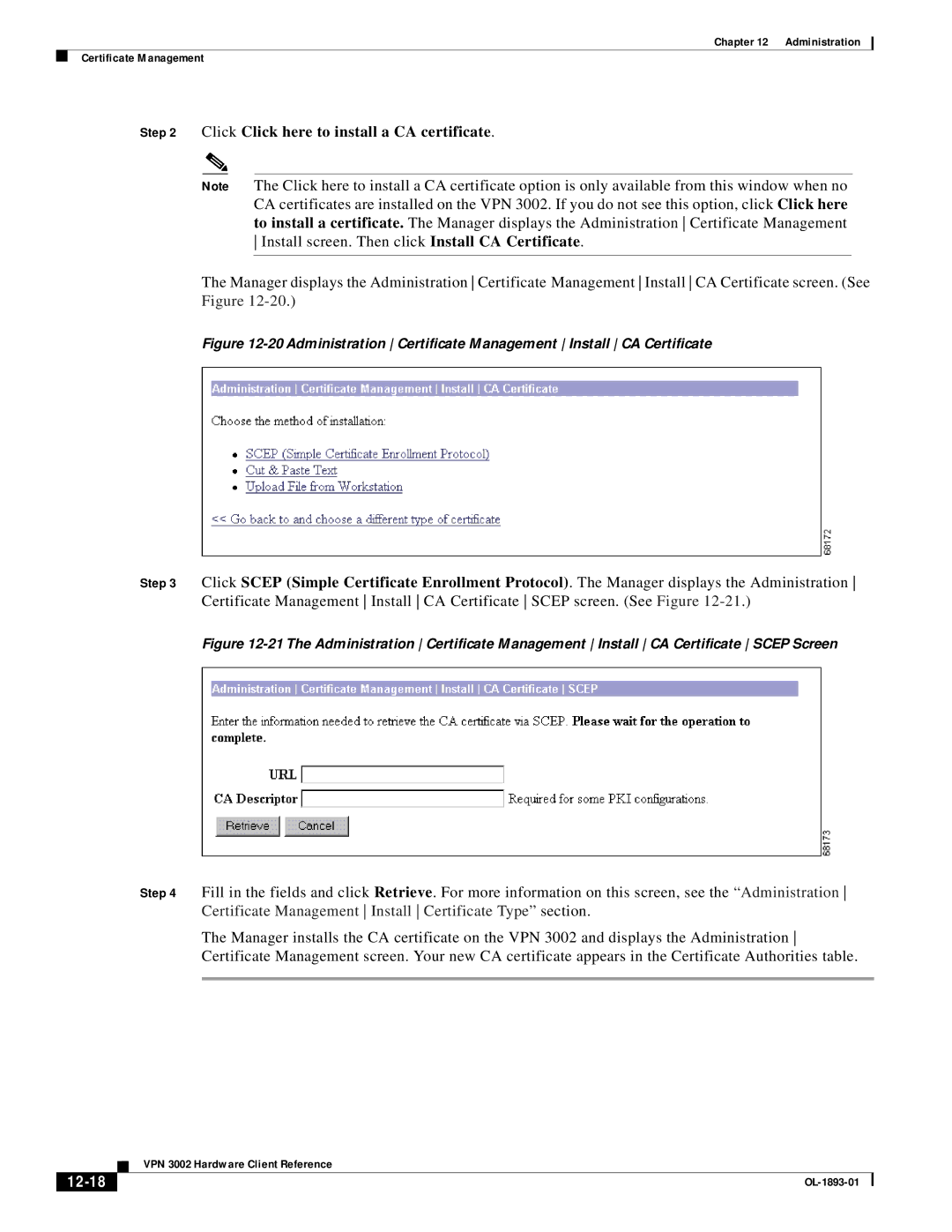 Cisco Systems VPN 3002 manual Click Click here to install a CA certificate, 12-18 