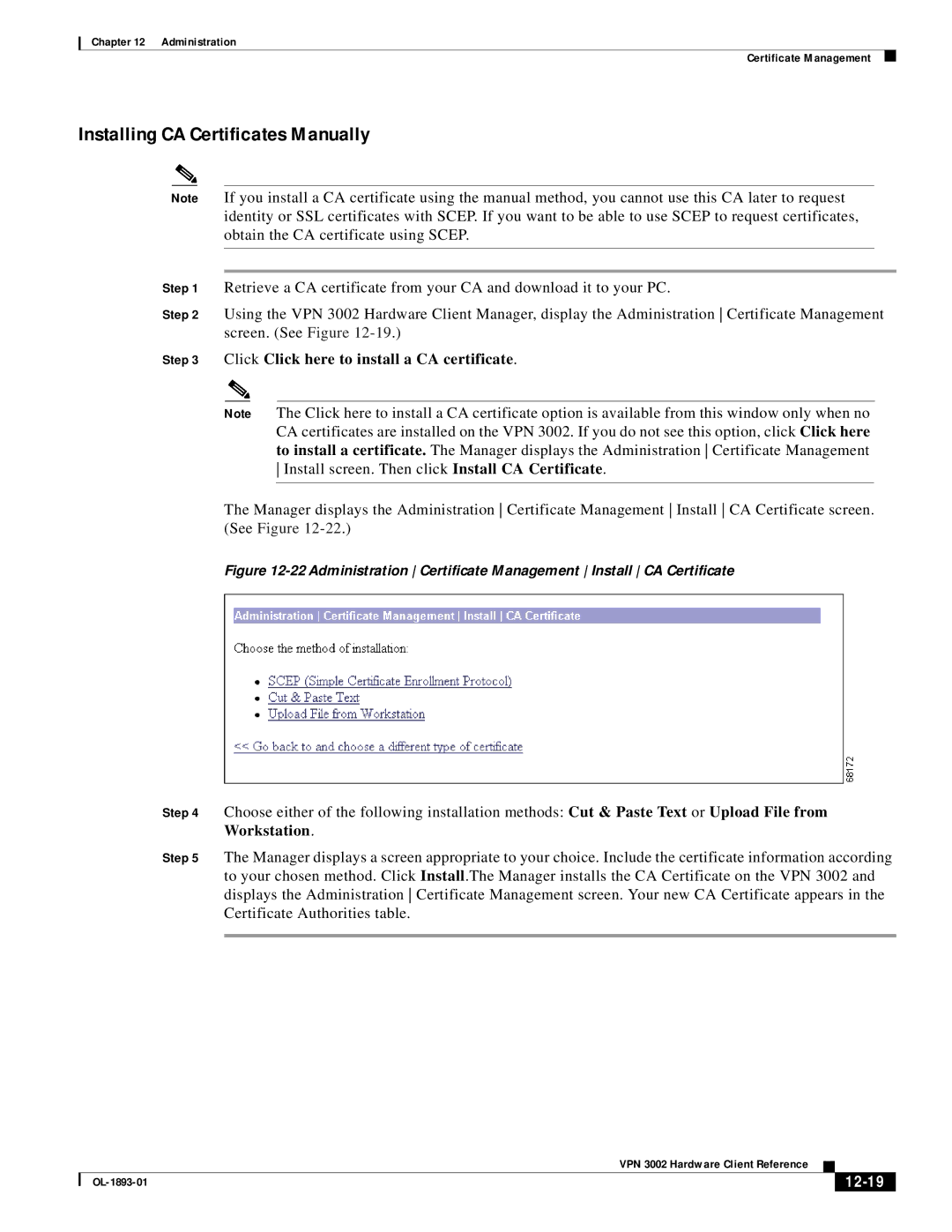 Cisco Systems VPN 3002 manual Installing CA Certificates Manually, 12-19 