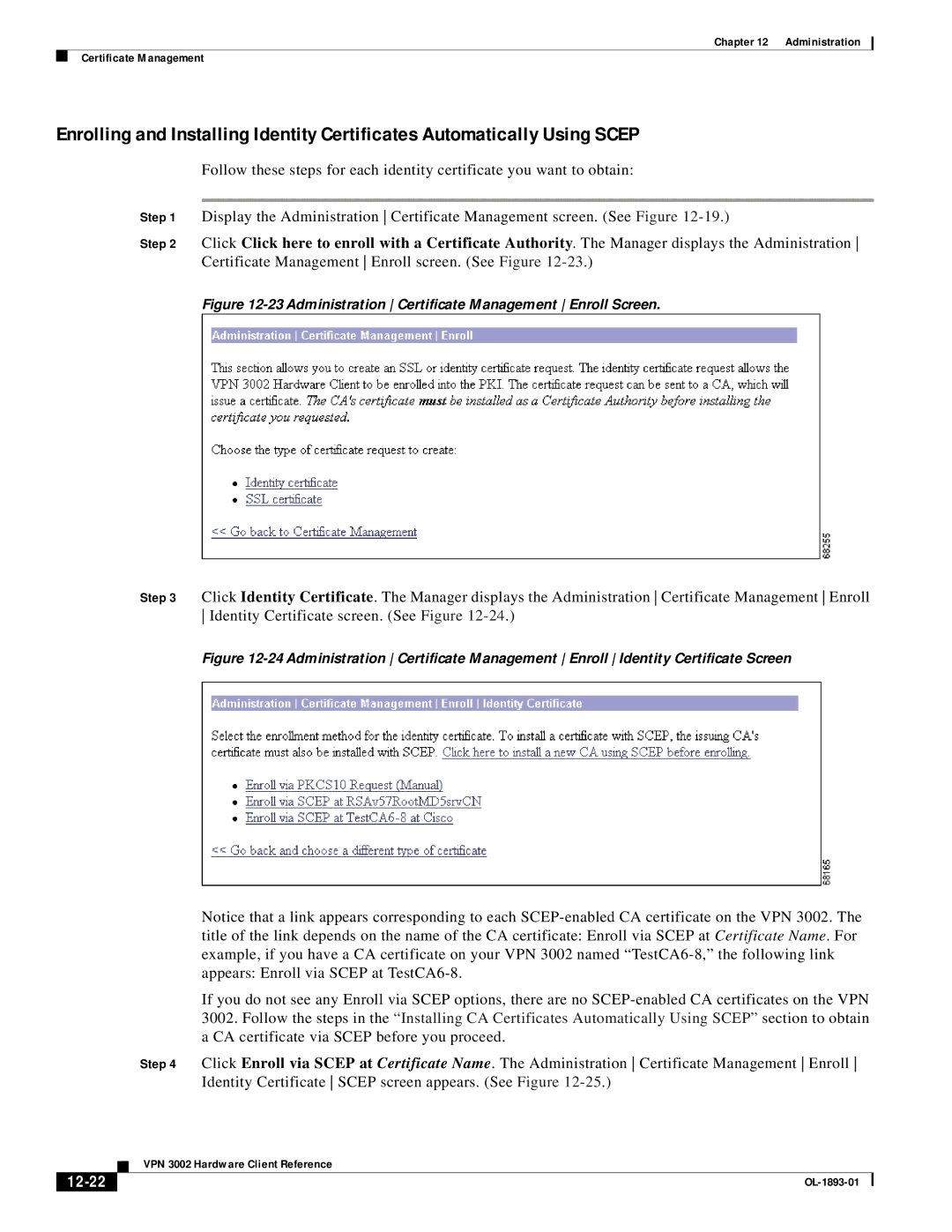 Cisco Systems VPN 3002 manual 12-22, Administration Certificate Management Enroll Screen 