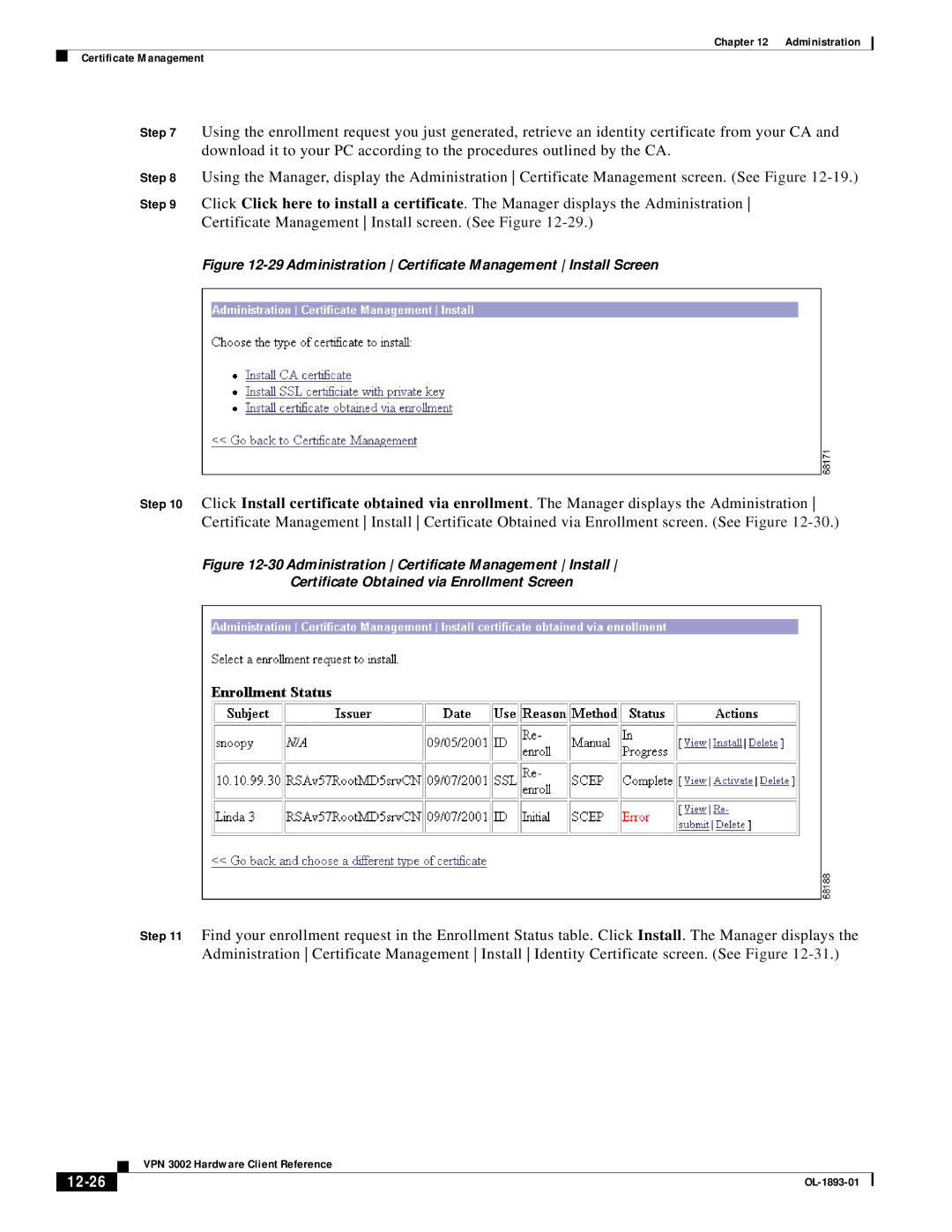 Cisco Systems VPN 3002 manual 12-26, Administration Certificate Management Install Screen 