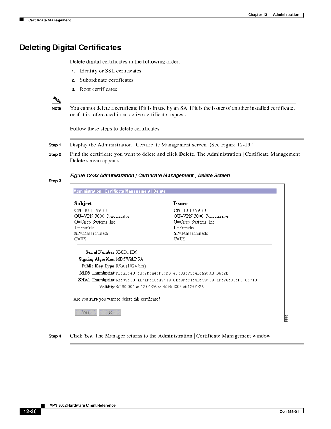 Cisco Systems VPN 3002 manual Deleting Digital Certificates, 12-30 