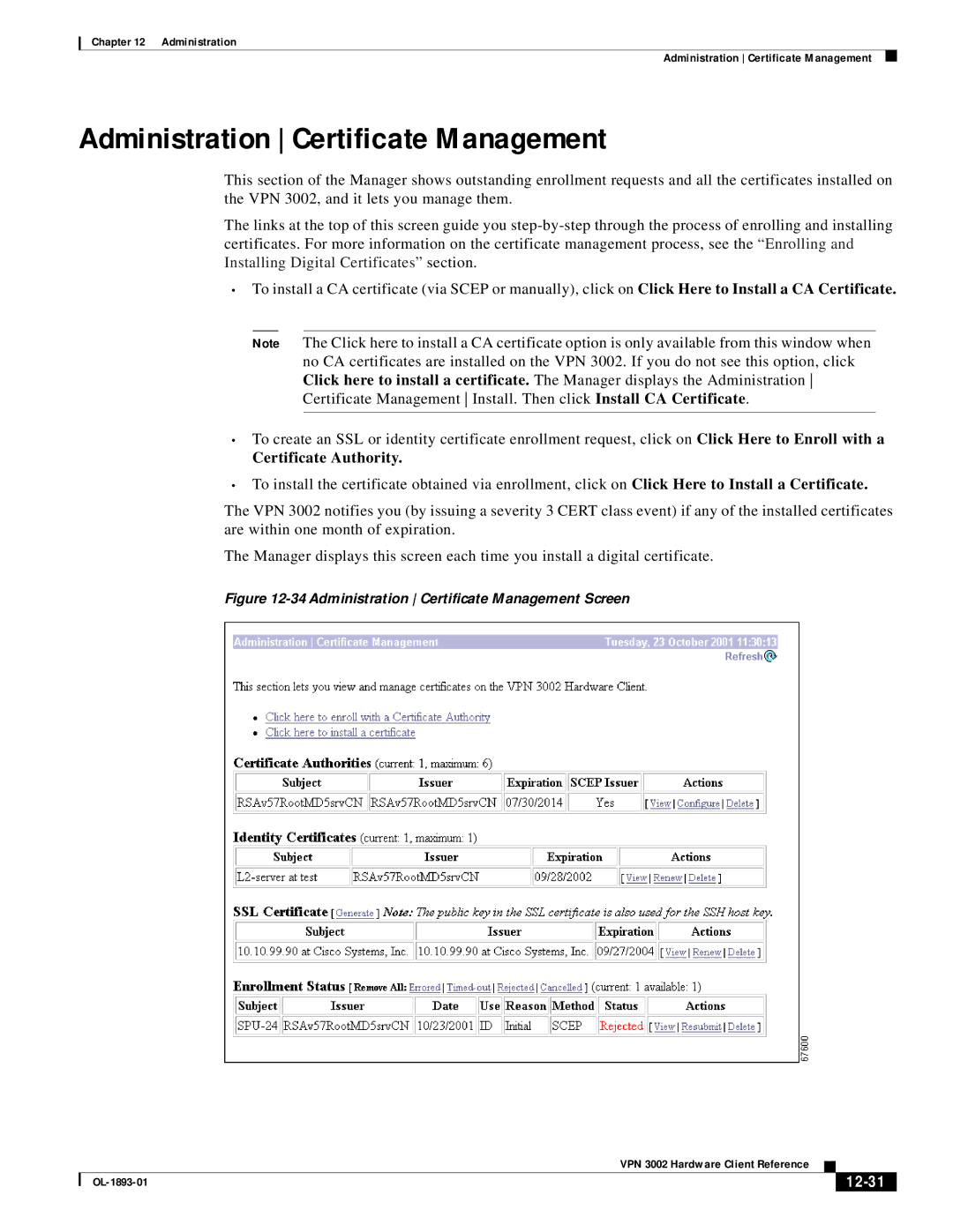 Cisco Systems VPN 3002 manual Administration Certificate Management, Certificate Authority, 12-31 