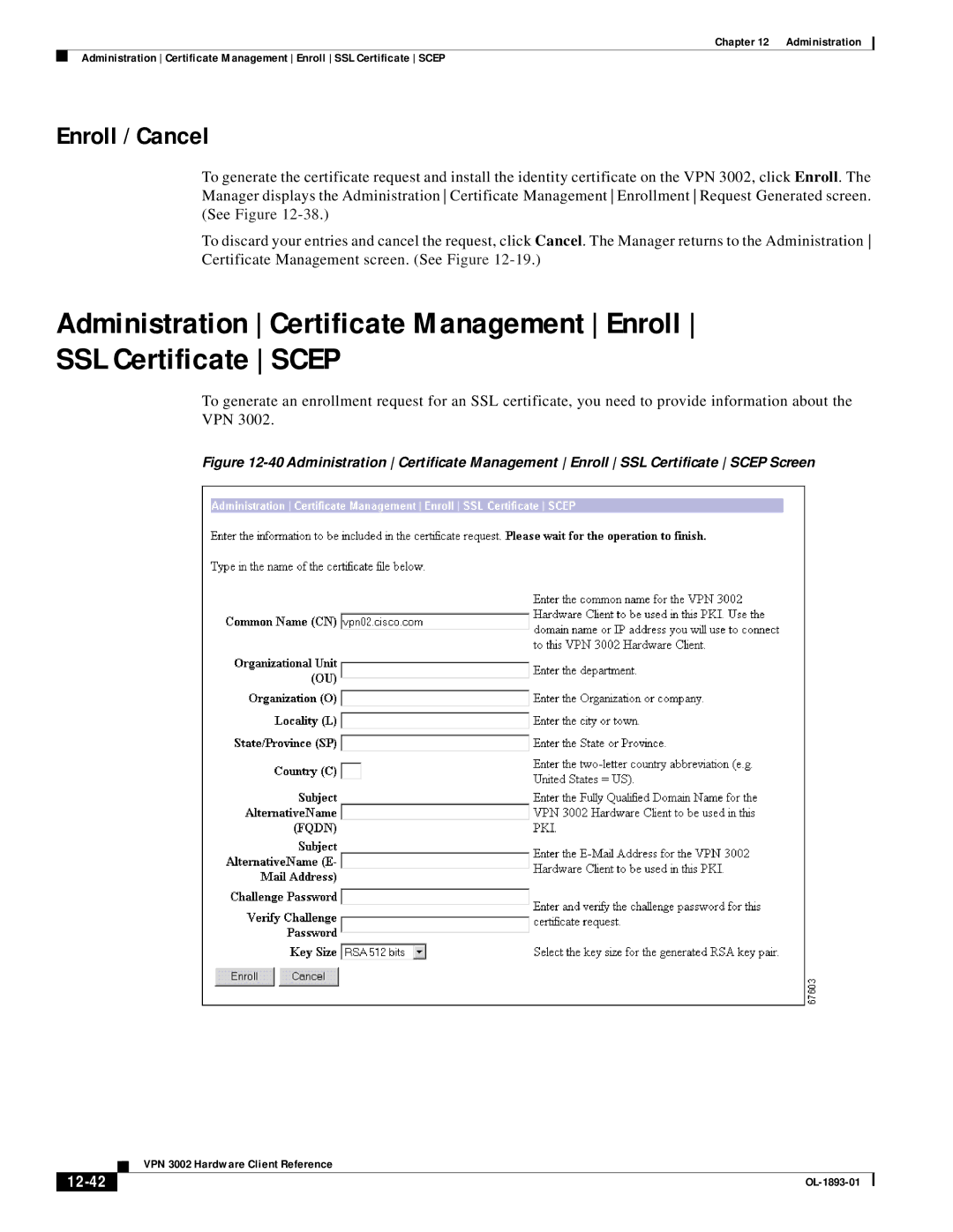 Cisco Systems VPN 3002 manual Enroll / Cancel, 12-42 