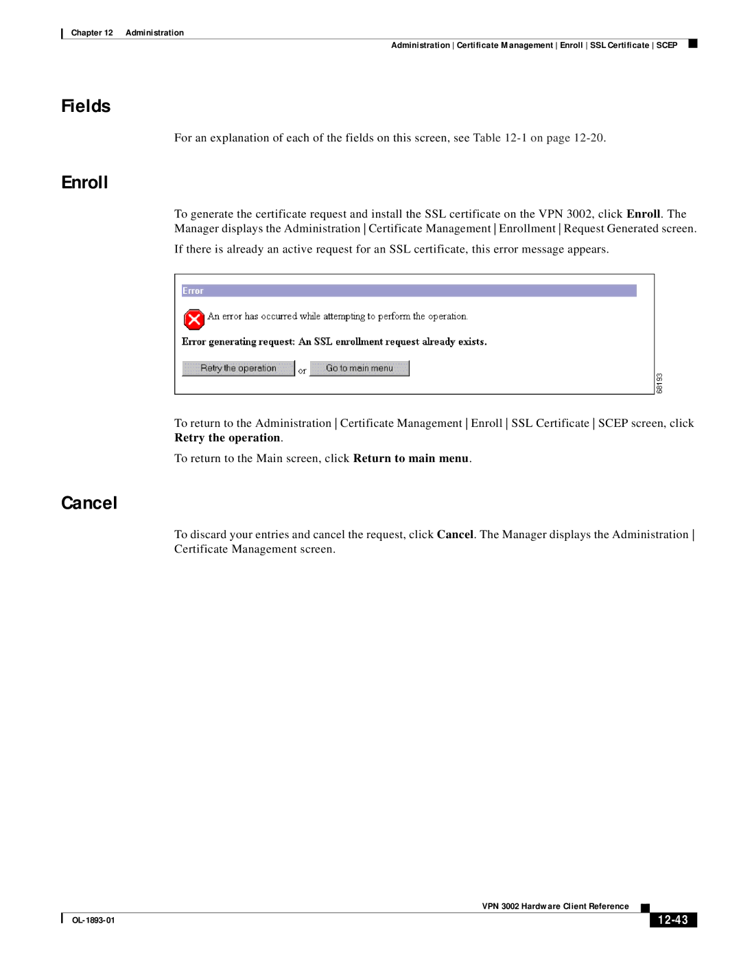 Cisco Systems VPN 3002 manual Enroll, Cancel, 12-43 