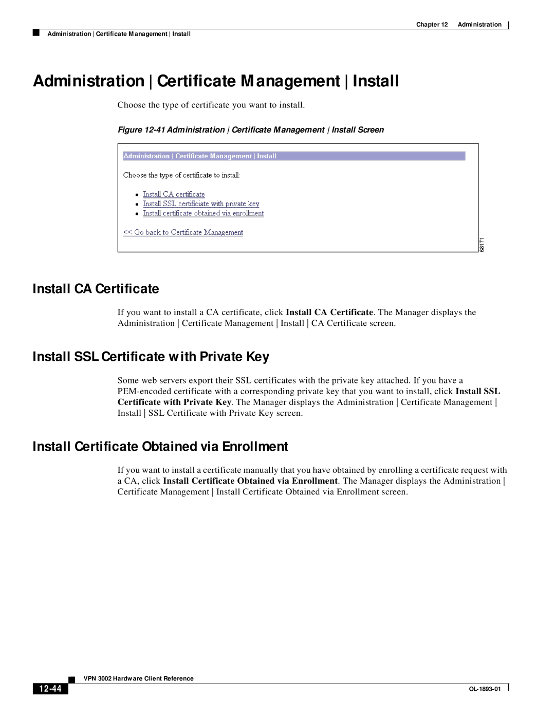 Cisco Systems VPN 3002 manual Administration Certificate Management Install, Install CA Certificate, 12-44 