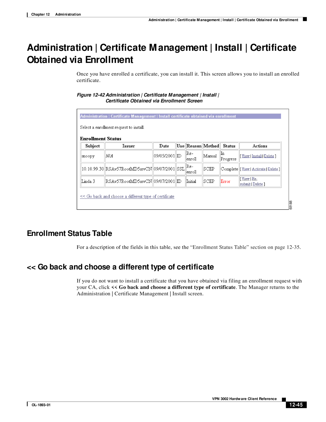 Cisco Systems VPN 3002 manual Enrollment Status Table, 12-45 