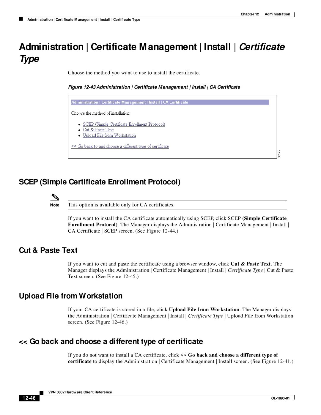 Cisco Systems VPN 3002 Scep Simple Certificate Enrollment Protocol, Cut & Paste Text, Upload File from Workstation, 12-46 