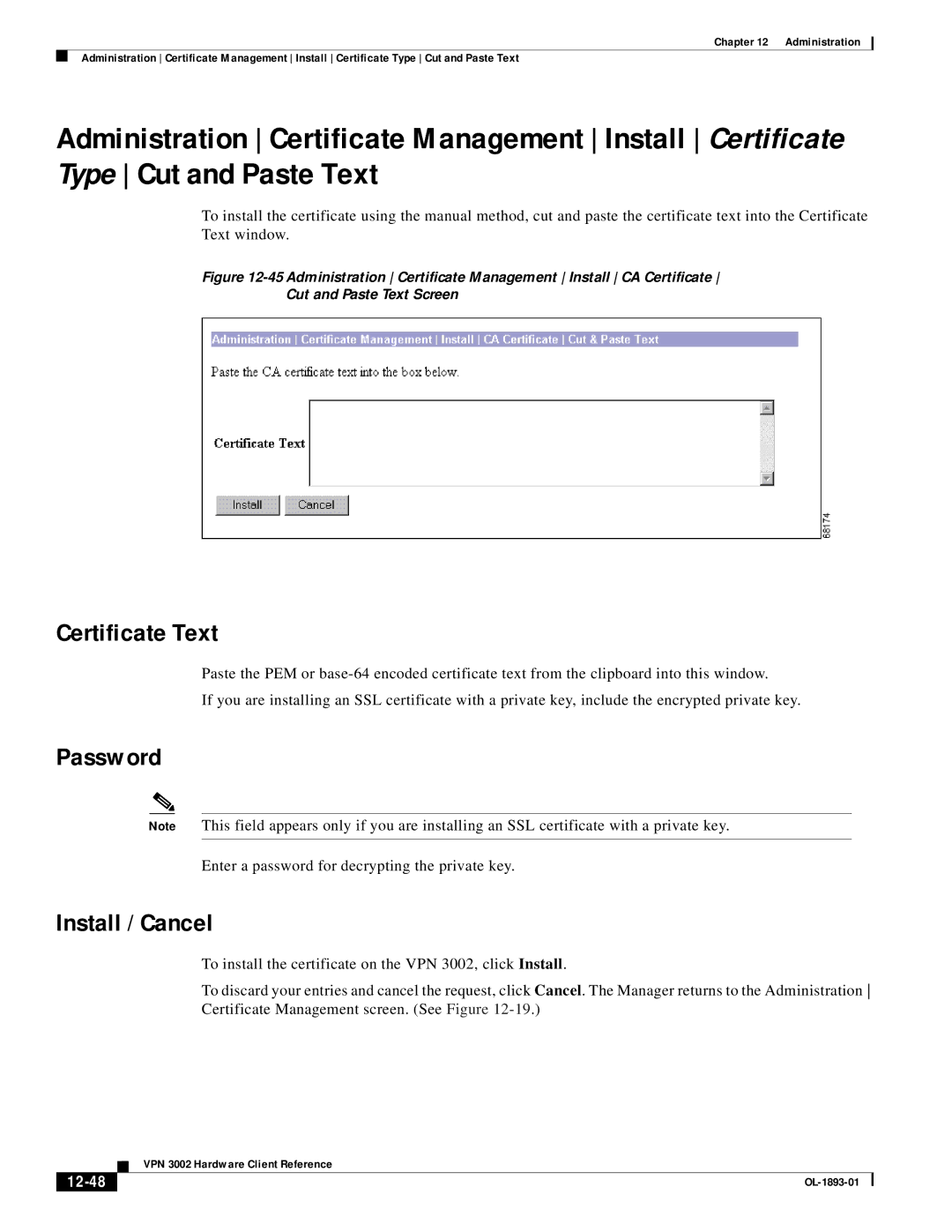 Cisco Systems VPN 3002 manual Certificate Text, Install / Cancel, 12-48 