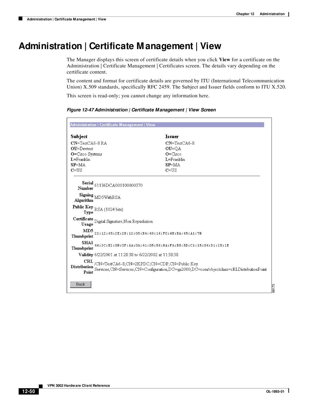 Cisco Systems VPN 3002 manual Administration Certificate Management View, 12-50 