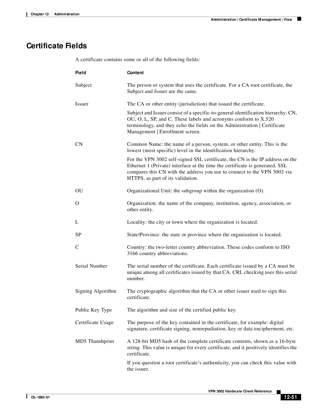 Cisco Systems VPN 3002 manual Certificate Fields, 12-51 