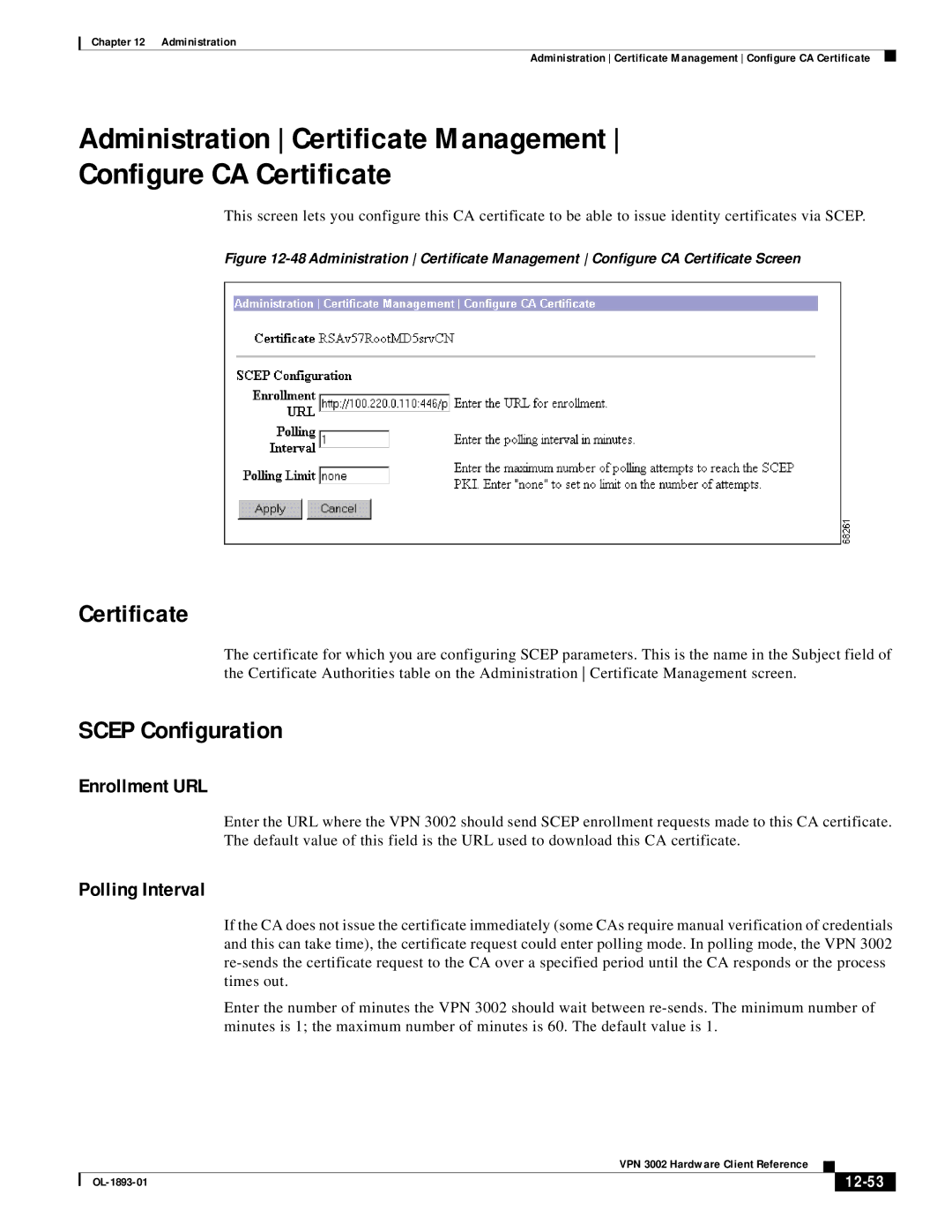 Cisco Systems VPN 3002 manual Certificate, Scep Configuration, Enrollment URL, Polling Interval, 12-53 