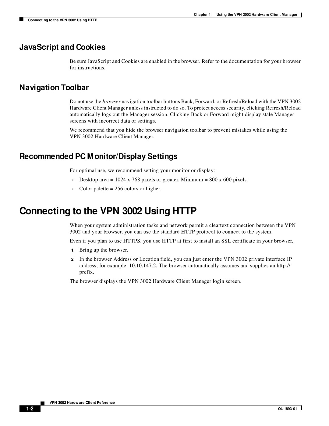 Cisco Systems manual Connecting to the VPN 3002 Using Http, JavaScript and Cookies, Navigation Toolbar 