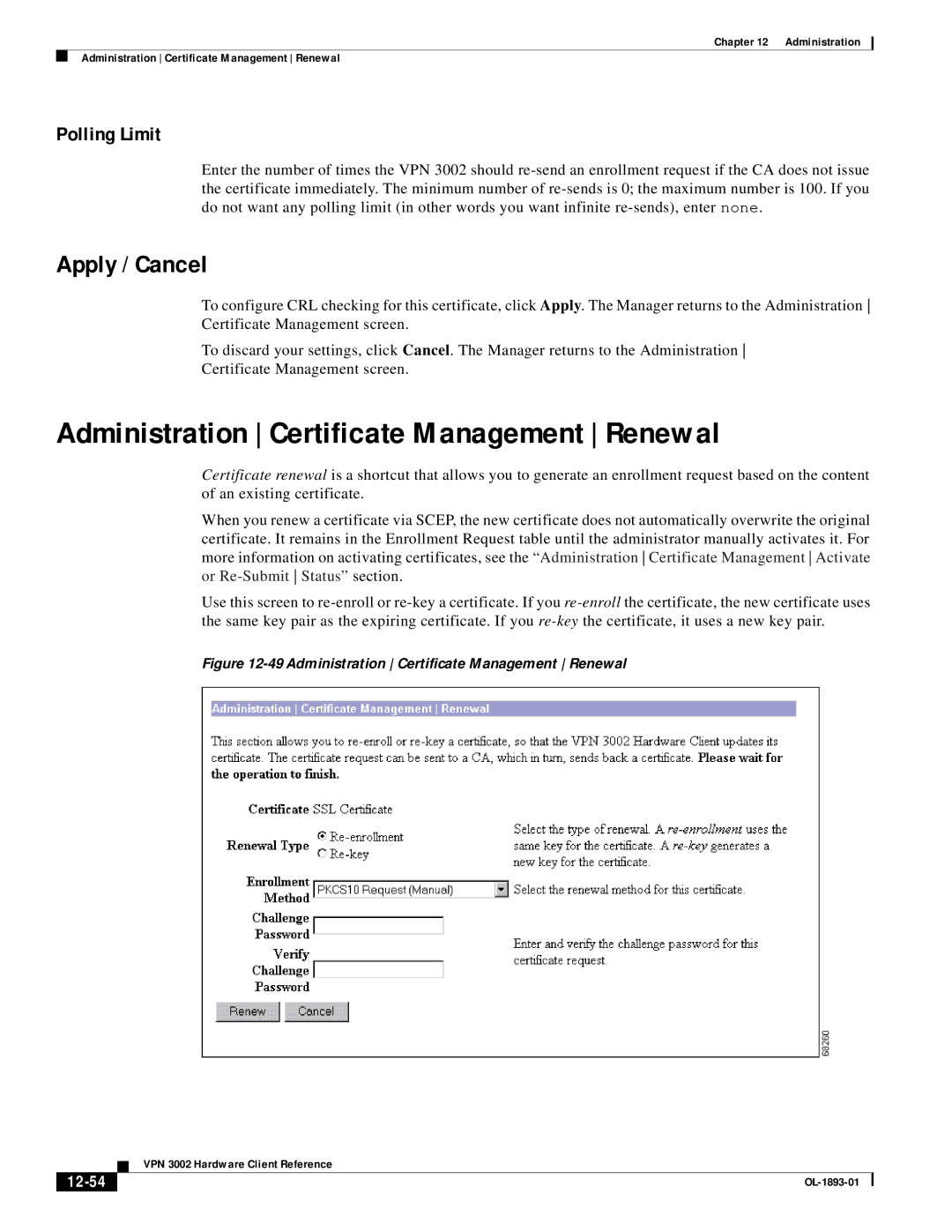 Cisco Systems VPN 3002 manual Administration Certificate Management Renewal, Polling Limit, 12-54 