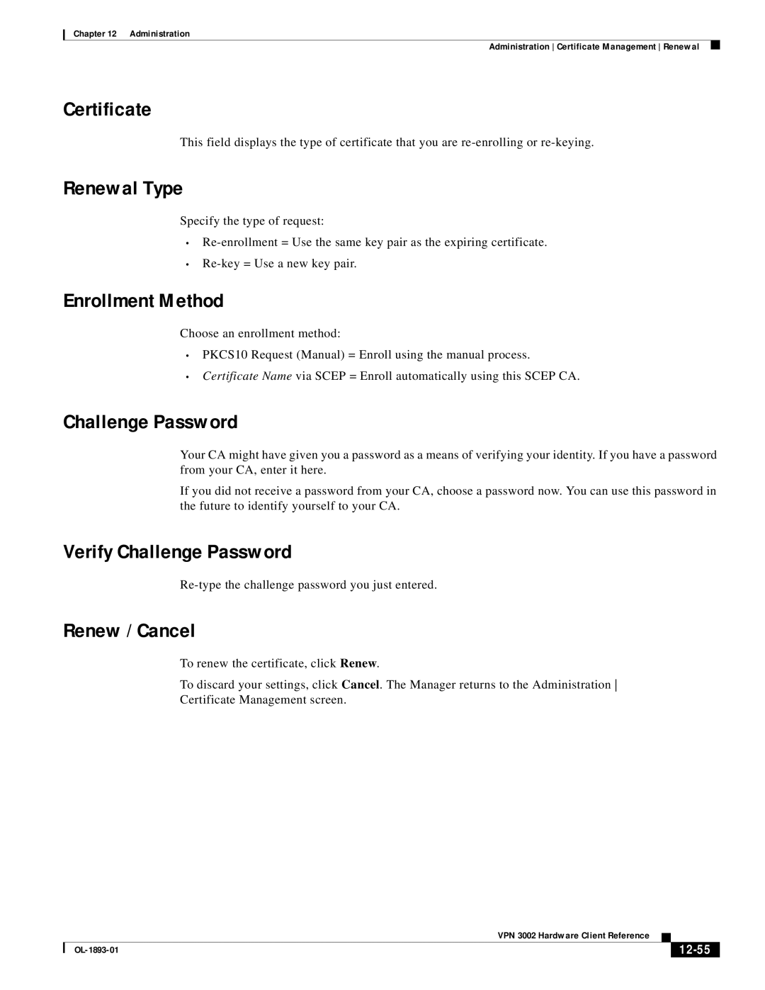 Cisco Systems VPN 3002 manual Renewal Type, Enrollment Method, Verify Challenge Password, Renew / Cancel 