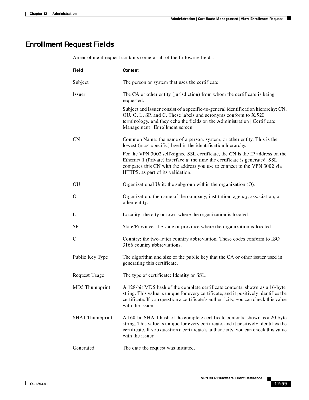 Cisco Systems VPN 3002 manual Enrollment Request Fields, 12-59 