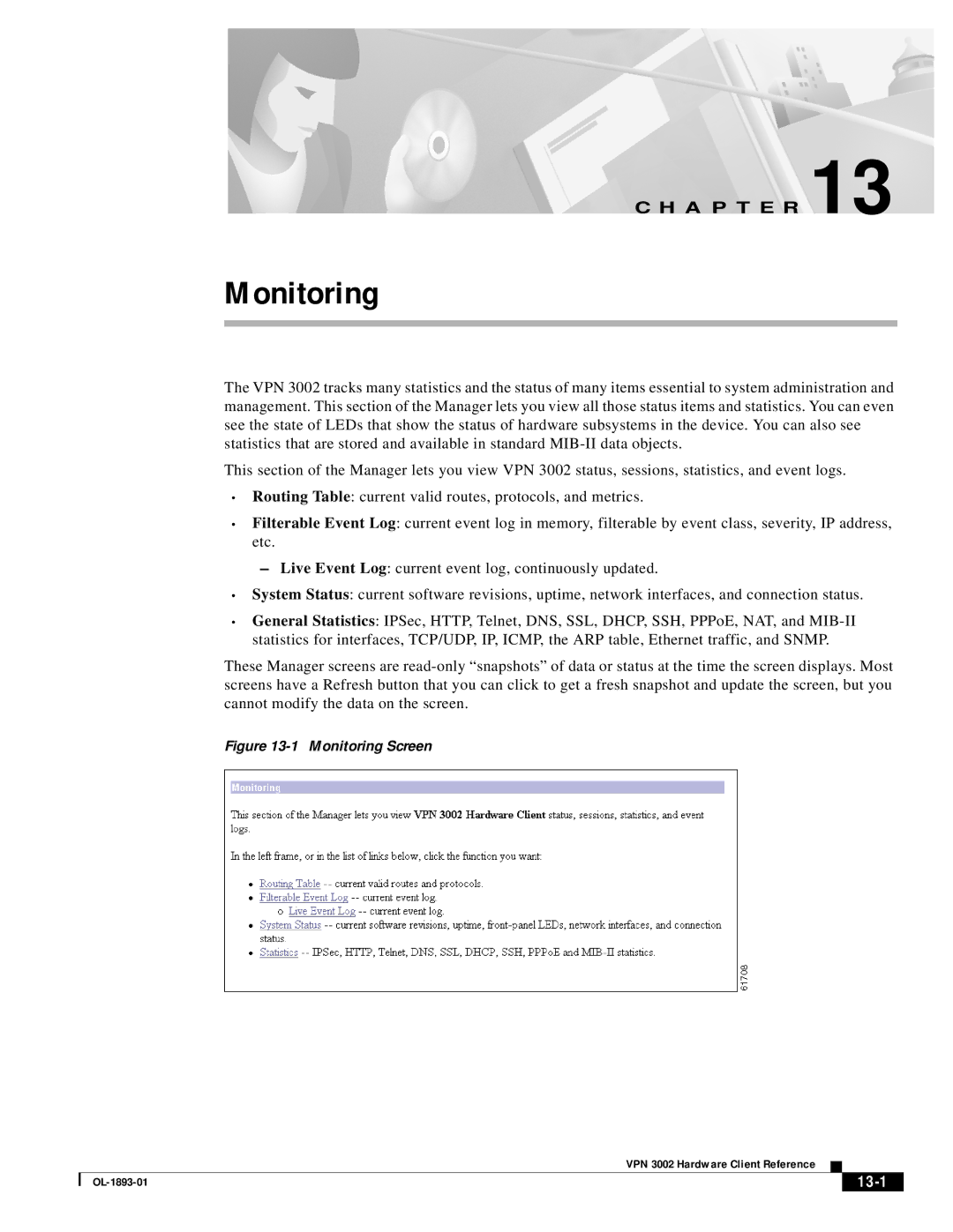 Cisco Systems VPN 3002 manual Monitoring, 13-1 