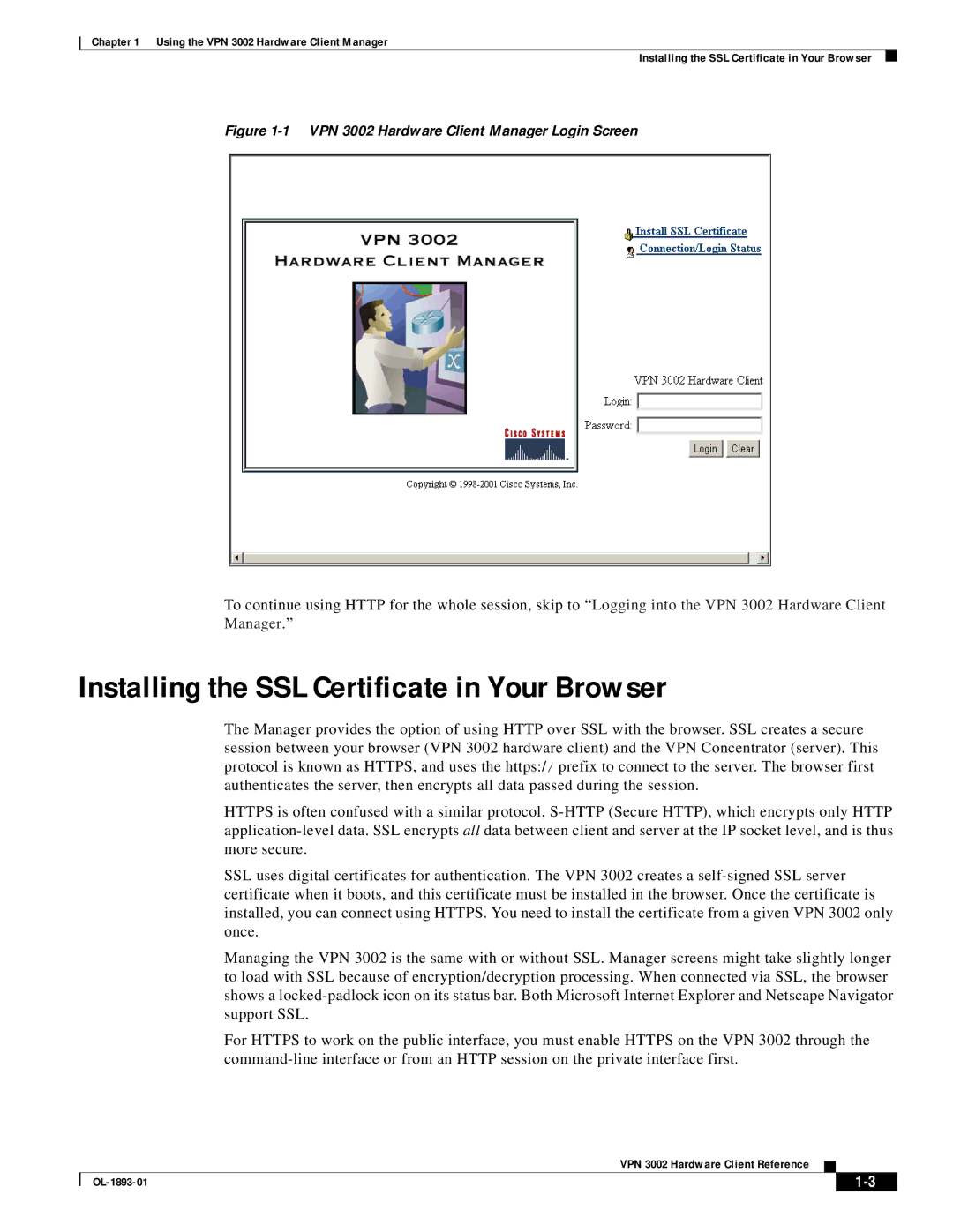 Cisco Systems manual Installing the SSL Certificate in Your Browser, VPN 3002 Hardware Client Manager Login Screen 