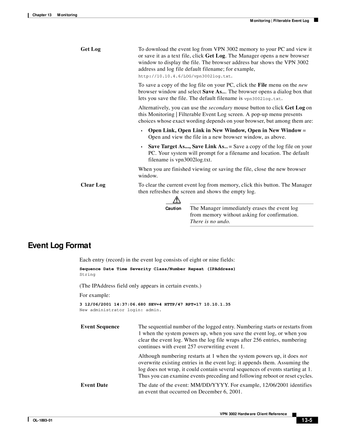 Cisco Systems VPN 3002 manual Event Log Format, 13-5 