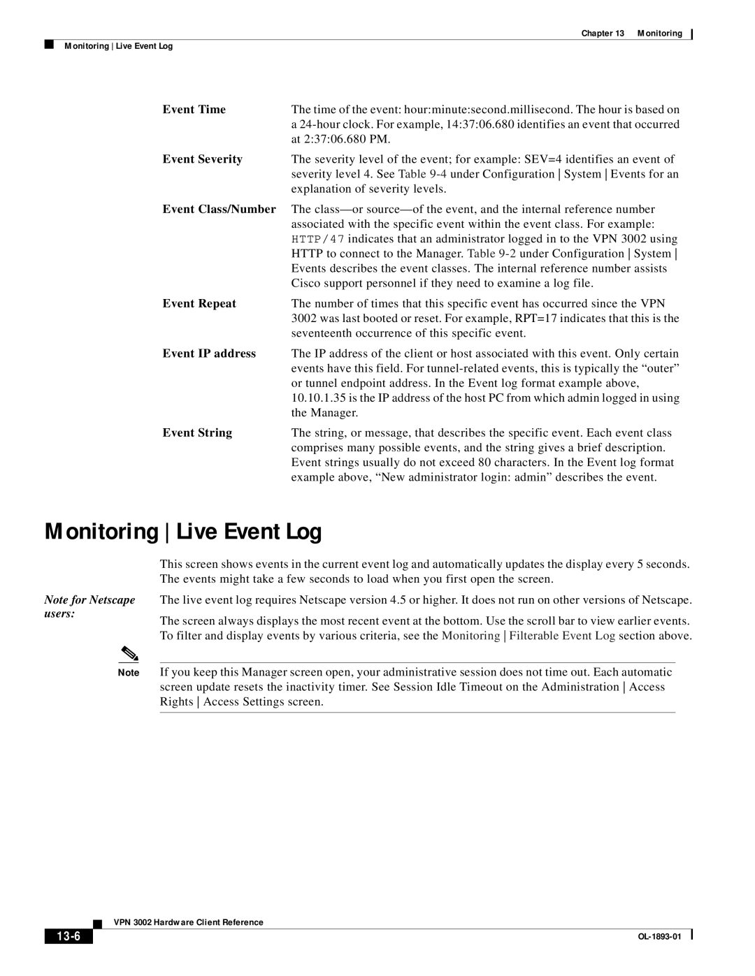 Cisco Systems VPN 3002 manual Monitoring Live Event Log, 13-6 