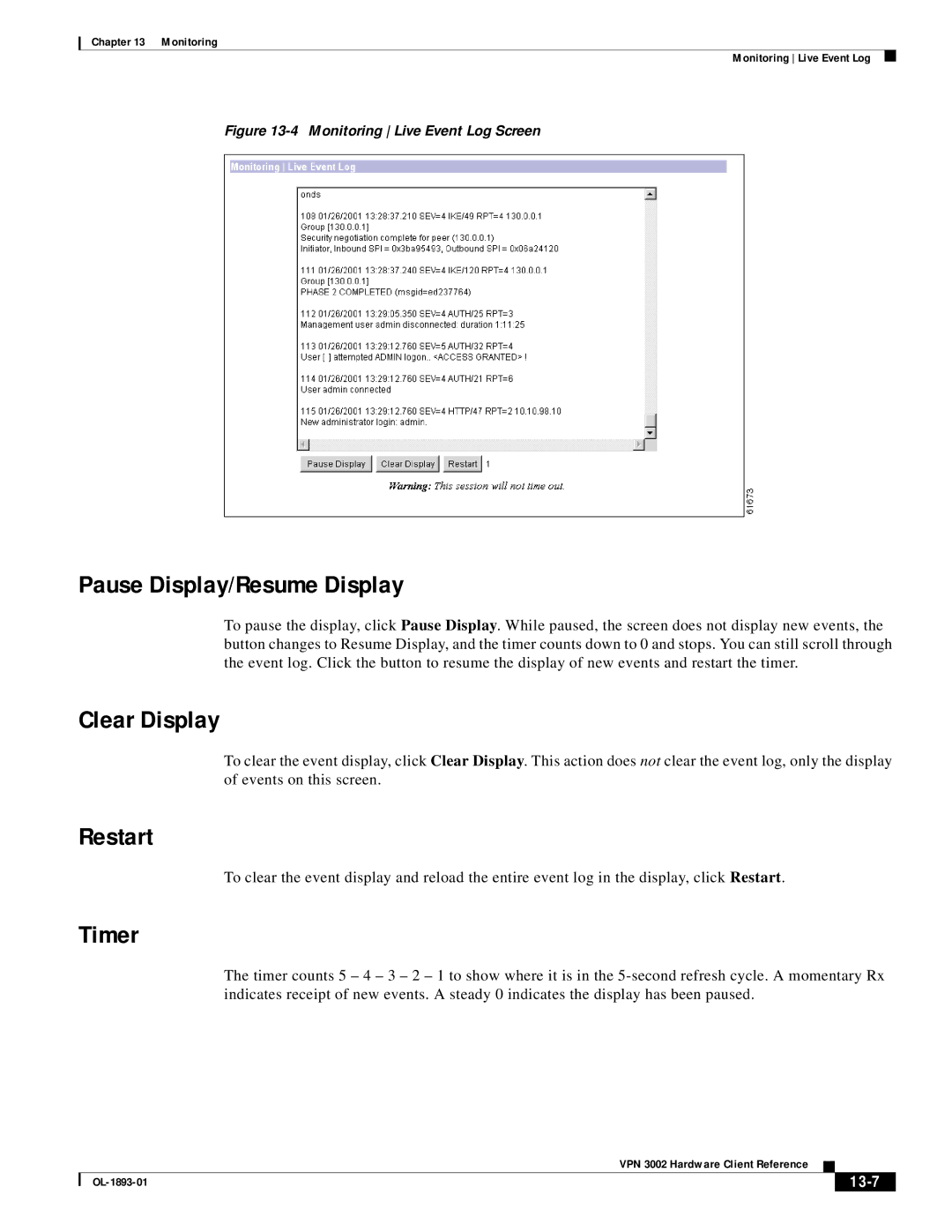 Cisco Systems VPN 3002 manual Pause Display/Resume Display, Clear Display, Restart, Timer, 13-7 