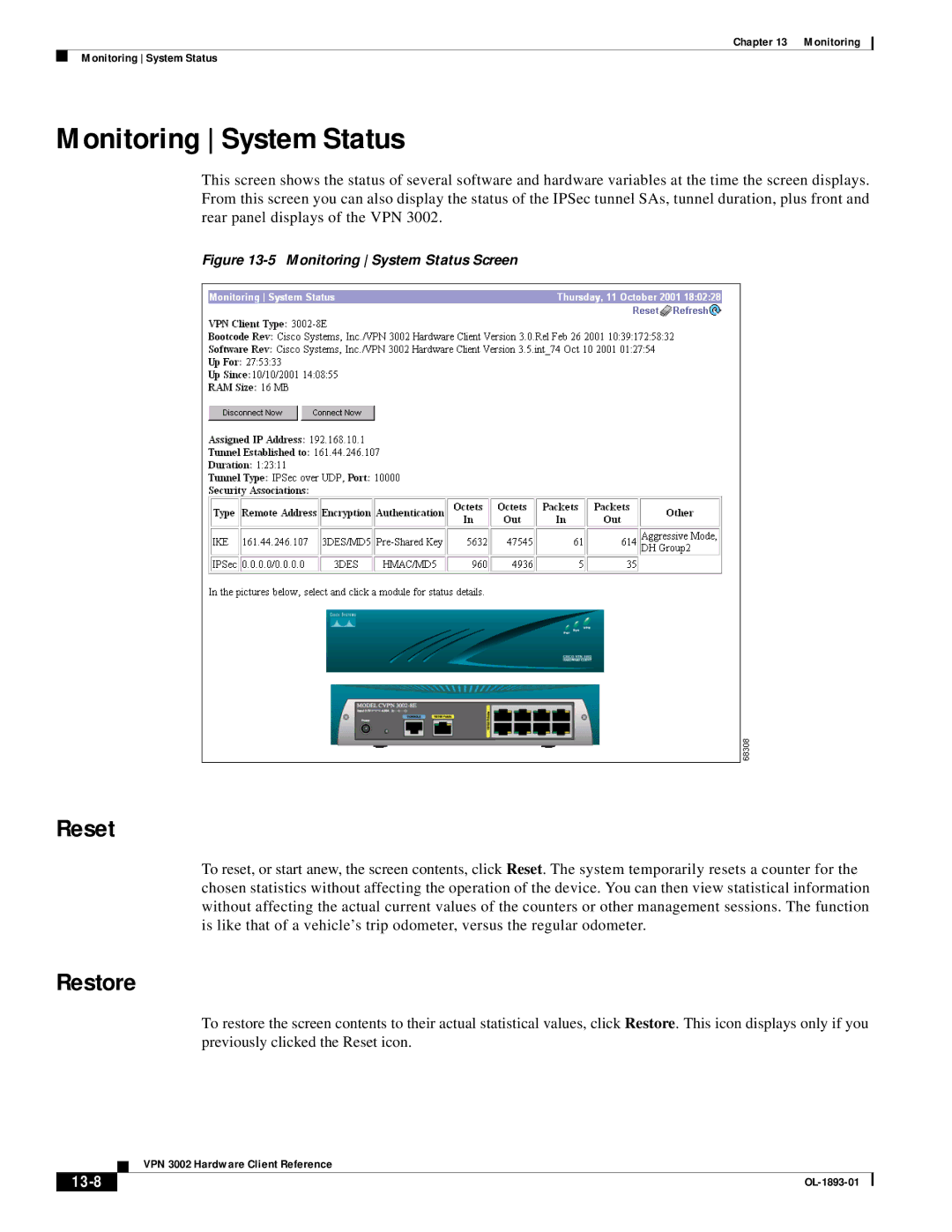 Cisco Systems VPN 3002 manual Monitoring System Status, Reset, Restore, 13-8 